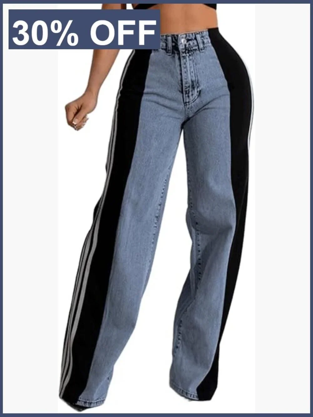 High Waisted Wide Leg Stretchy Color Block Patchwork Denim Jeans with Stripes